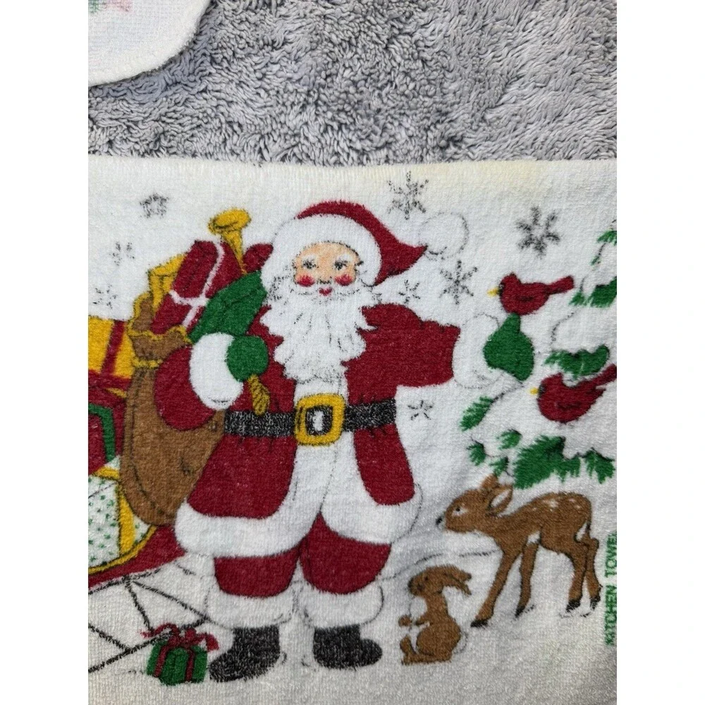 3 Vintage Christmas Cotton Kitchen Towels Fringe Santa Reindeer Tree‎ Cannon B&D